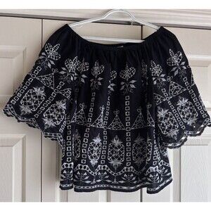 Gap Embroidered Eyelet Top Women L Black Boho Airy 3/4 Sleeve